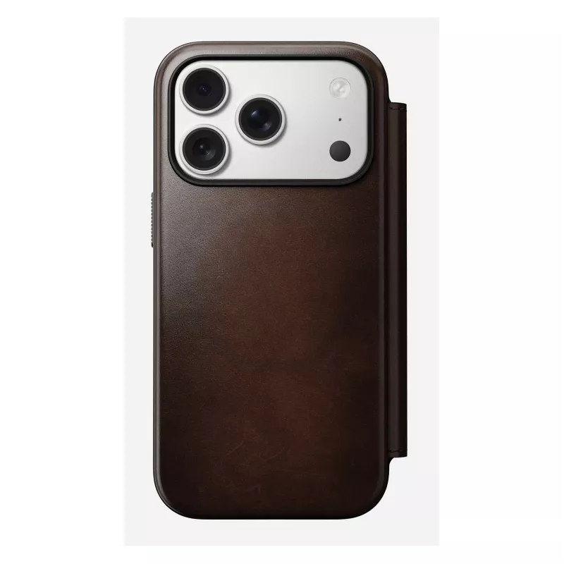Mobiliojo telefono dėklas Nomad Modern Leather Folio, skirtas iPhone 17 Pro, oda/aliuminis, 16 cm (6,3 colio), rudas, 4 kortelių kišenės
