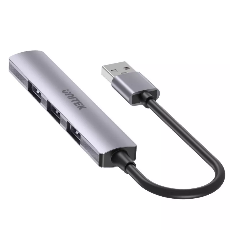 USB šakotuvas Unitek H1208A — 4 prievadai (1 × USB 3.2 Gen 1 Type-A, 3 × USB 2.0), aliumininis korpusas, pilka, 0,20 m laidas