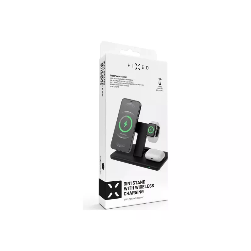 Fiksuotas MagPowerstation 3-in-1 belaidis įkrovimo stovas su MagSafe laikikliu | FIXMPOS-BK | Juodas