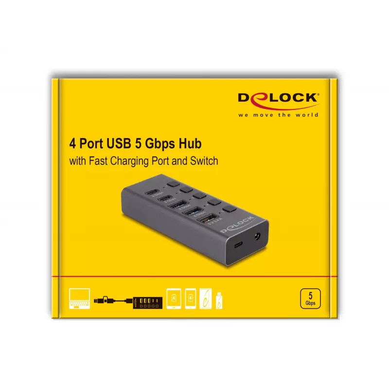 USB šakotuvas Delock 64248 5 Gbps 2 x Type-A 2 x Type-C 1 greito įkrovimo prievadas