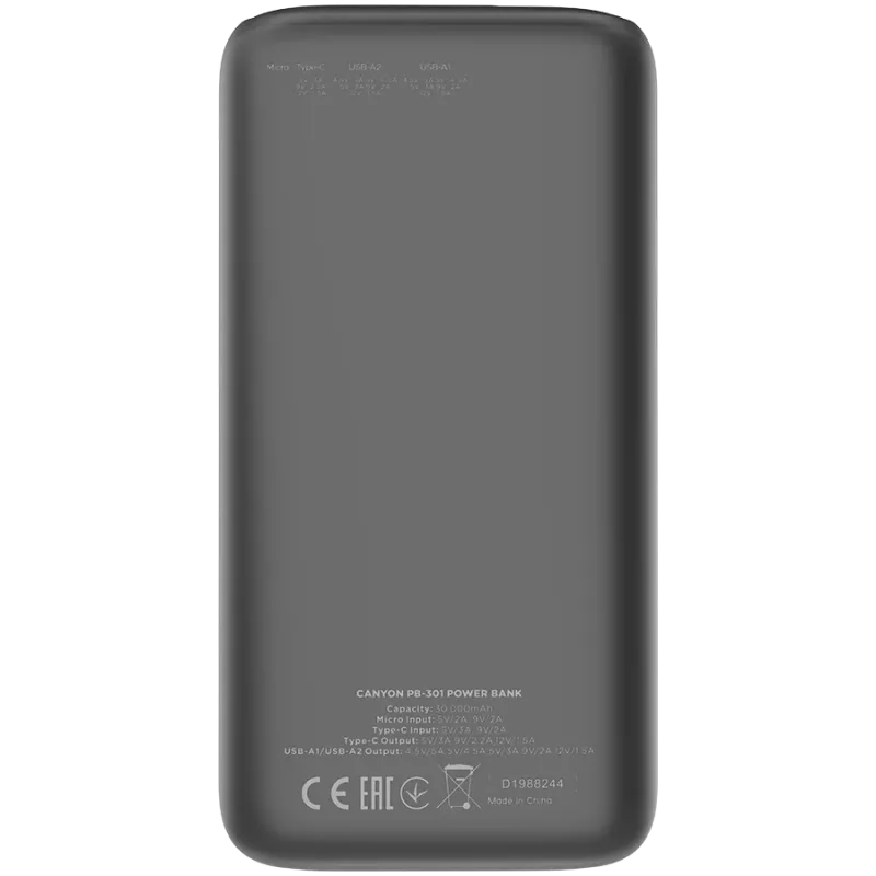 Canyon PB-301 30000 mAh PD/QC/Display juoda