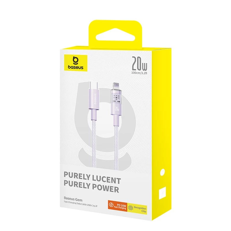 Greito įkrovimo USB-C – Lightning laidas Baseus Gem 1 m 20 W violetinis, nailono pynė, 7 kontaktų Lightning