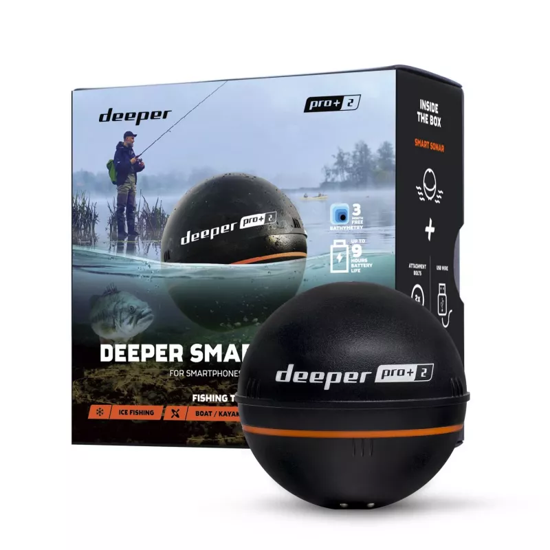 Nešiojamas žuvų ieškiklis Deeper Smart Sonar PRO+ 2, 3 spinduliai, 100 m gylis, 65×65×65 mm, Li‑Ion 950 mAh