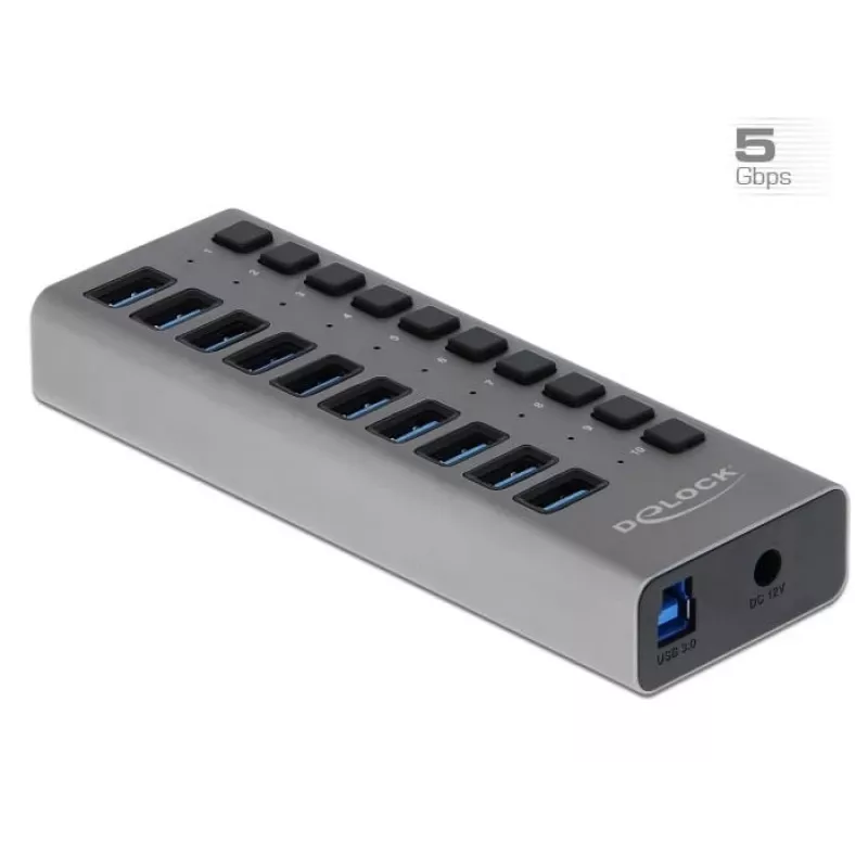 DeLOCK išorinis USB 3.2 Gen 1 10 prievadų šakotuvas su jungikliais, 5 Gbps