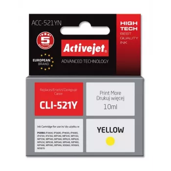 Kasetė rašalinė Activejet ACC-521YN Geltona, suderinama su Canon CLI-521Y, didelės talpos (XL) 10 ml