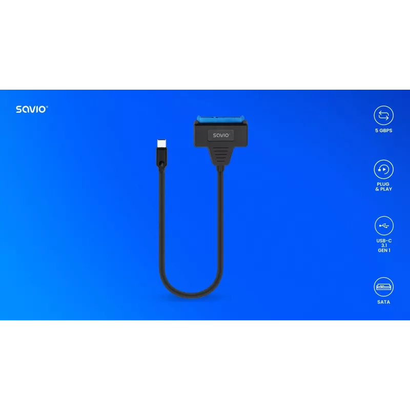 SAVIO AK-69 SATA į USB-C adapterio laidas, SATA moteriška į USB-C vyrišką, USB 3.2 Gen 1 (5 Gbit/s), 0,25 m, juoda