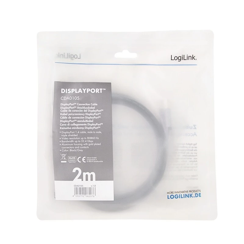 DisplayPort kabelis LogiLink CDA0105 2 m pilka juoda