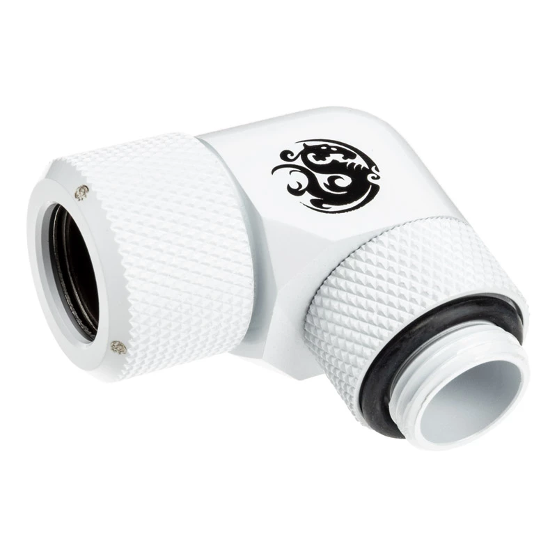 BitsPower BP-DWE90RMLA12 — žalvarinė 90° kampinė jungtis, balta, Ø 12 mm