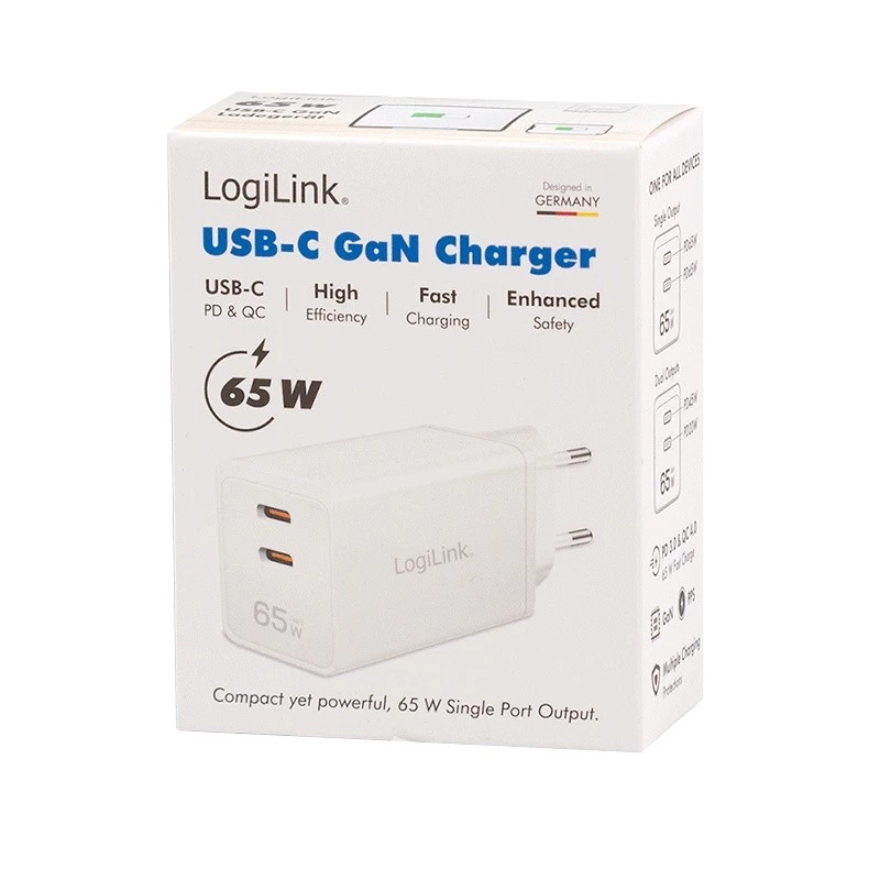 LogiLink PA0367 dvigubas USB-C sieninis įkroviklis 65 W, baltas