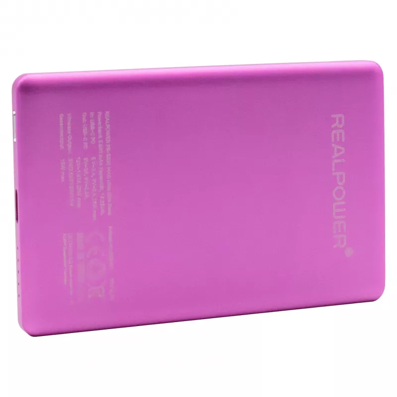 Power bank RealPower PB-5000 MAG 5000 mAh, belaidis įkrovimas, USB-C, 20 W, rožinė