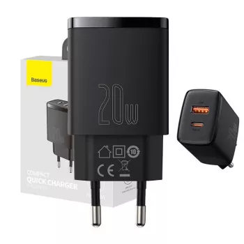 USB greitasis įkroviklis Baseus CCXJ-B01 — 2 prievadai (USB-C PD 20W + USB-A QC3.0 18W), 100–240V, Juodas