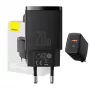 USB greitasis įkroviklis Baseus CCXJ-B01 — 2 prievadai (USB-C PD 20W + USB-A QC3.0 18W), 100–240V, Juodas