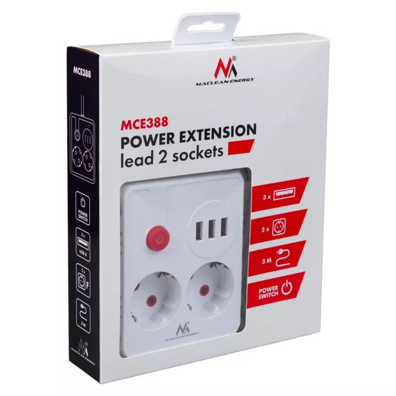 Maitinimo blokas MACLEAN MCE388 W — 2 kištukiniai lizdai, 3×USB, 110–240V, 2500W, 3 m laidas, baltas