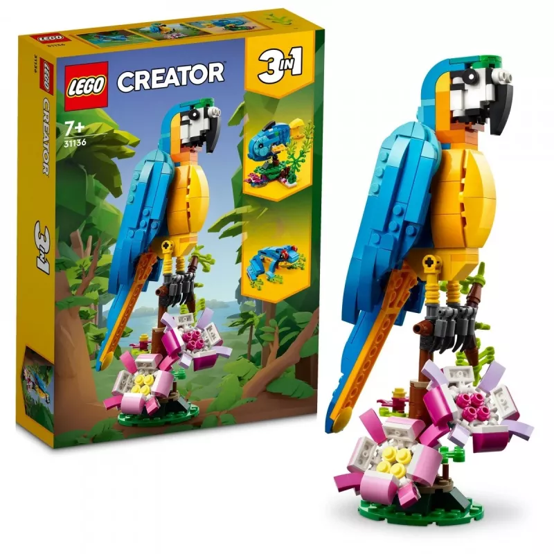 LEGO statybinis rinkinys Egzotiška papūga 31136 — Creator modelis, 253 detalės, 220×120×110 mm