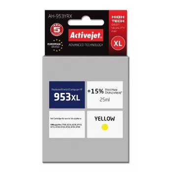 Rašalinė kasetė ActiveJet AH-953YRX, suderinama su HP 953XL, geltona, 25 ml, didelės talpos (XL), dažų pagrindu