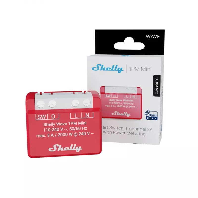 Sieninis išmanusis relė Shelly 1PM — vieno kanalo Z-Wave mini jungiklis, 110–240V, 8A, 2000W, 868.4 MHz