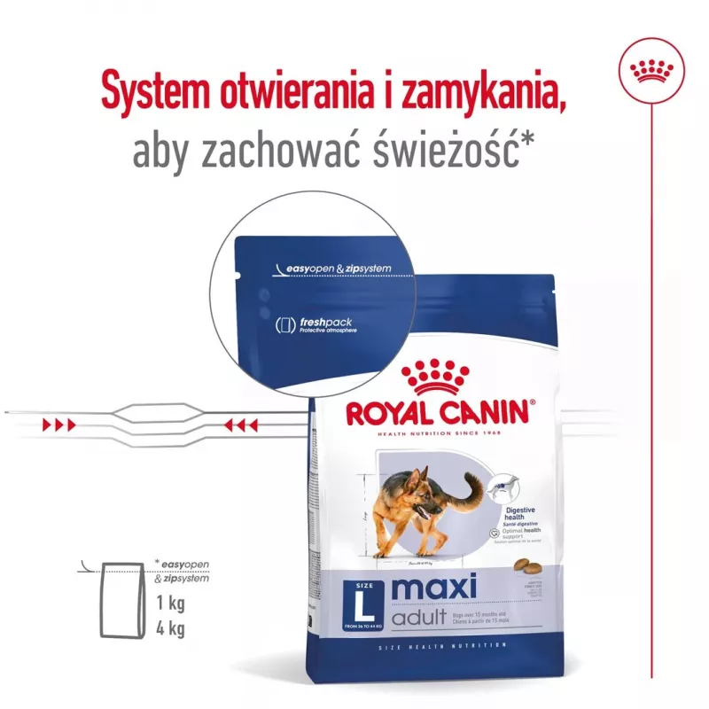 Sausas šunų ėdalas Royal Canin Maxi Adult 15 kg – vištiena, 26% baltymų, 17% riebalų, virškinimo palaikymas