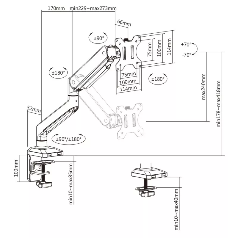 Ergo Office Universal Monitor Laikiklis Stalui, Dujinė Spyruoklė 17-35 col. 15 kg, VESA 75x75 / 100x100, ER-445