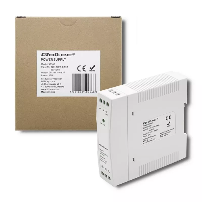 DIN bėgio maitinimo šaltinis 10W, 12V, 0.83A, plonas