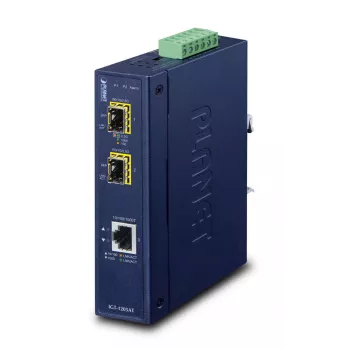 Tinklo medijos keitiklis PLANET IGT-1205AT – Gigabit SFP 2 skaidulos, 1x RJ-45, 10/100/1000 Mbps, 12–48V, DIN bėgelis, IP30