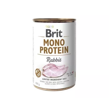 Šlapias šunų ėdalas Brit Mono Protein Rabbit 400 g — konservuotas pilnavertis ėdalas, vienas gyvūninis baltymas, suaugusiems šunims