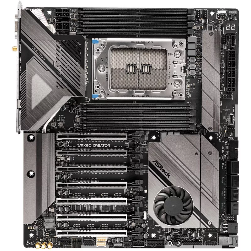 Motininė plokštė ASRock WRX80 CREATOR R2.0 – AMD WRX80, lizdas sWRX8, E-ATX, 8× DIMM DDR4, 2 TB max, Wi‑Fi 6E, 10Gb LAN, 7.1 garso
