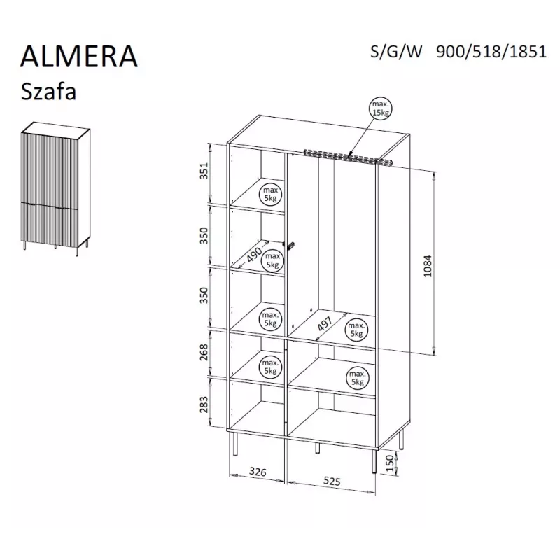 Drabužių spinta Cama Meble ALMERA Cama 5 90x52x185 cm, riešutmedžio rėmas, kaspininės durys, 6 lentynos