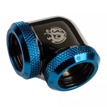 Bitspower Adapter 90° 16mm OD į 16mm OD kietajai žarnelei, juodas blizgus/mėlynas