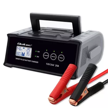 Įkroviklis QOLTEC 52514 – 12V/24V, 25A, AGM/GEL/SLA baterijoms su LCD ekranu