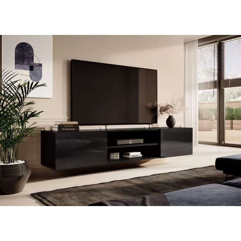 TV spintelė Cama Meble SLIDE 200K – 200x40x37 cm, blizgi juoda, medžio drožlių plokštės viršus
