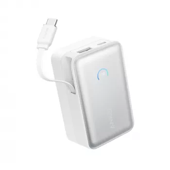 Power bank Anker A1638 10000 mAh, 45 W bendra galia, baltas, su įtaisyta ištraukiama USB-C laido