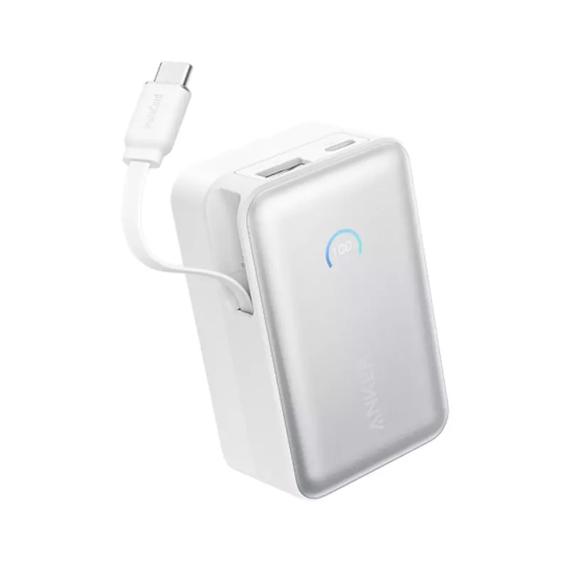 Power bank Anker A1638 10000 mAh, 45 W bendra galia, baltas, su įtaisyta ištraukiama USB-C laido