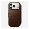 Odininis dėklas su atvartu Nomad Modern Leather Folio, skirtas iPhone 17 Pro, rudos spalvos, tinka 6,3 colio (16 cm) ekranui, 4 kortelių kišenės