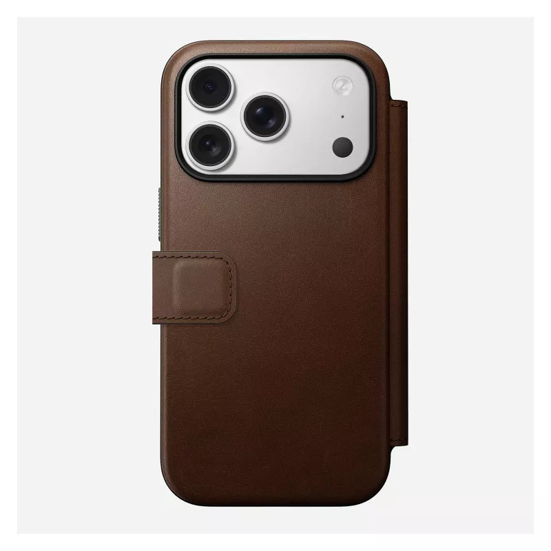 Odininis dėklas su atvartu Nomad Modern Leather Folio, skirtas iPhone 17 Pro, rudos spalvos, tinka 6,3 colio (16 cm) ekranui, 4 kortelių kišenės
