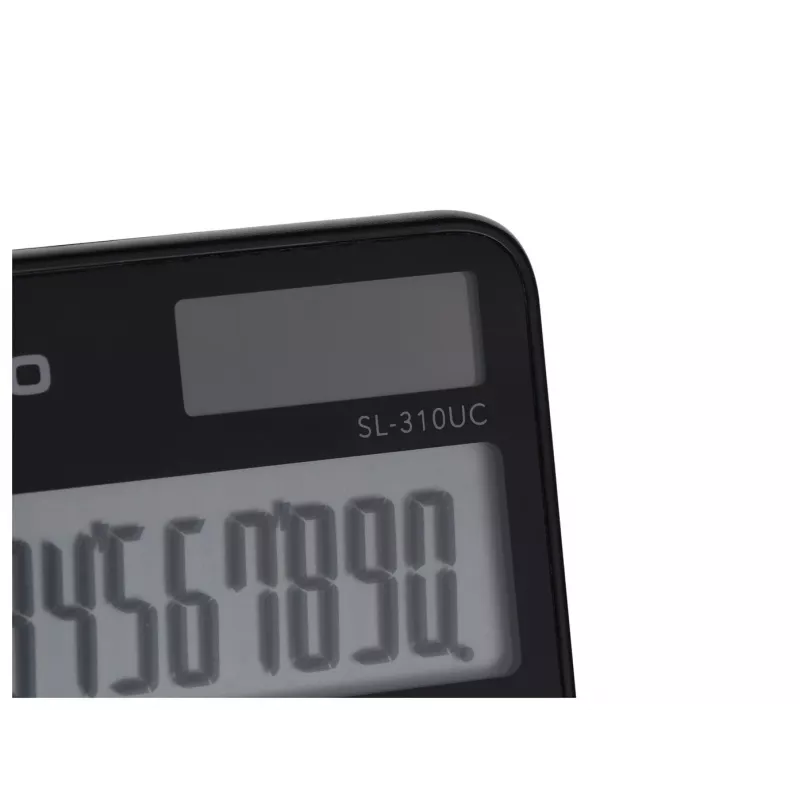 Pagrindinis skaičiuotuvas CASIO SL-310UC-BK – 10 skaitmenų, baterija/saulė, mokesčių ir pelno funkcijos, kišeninis dydis (70×118×8.4 mm), juodas