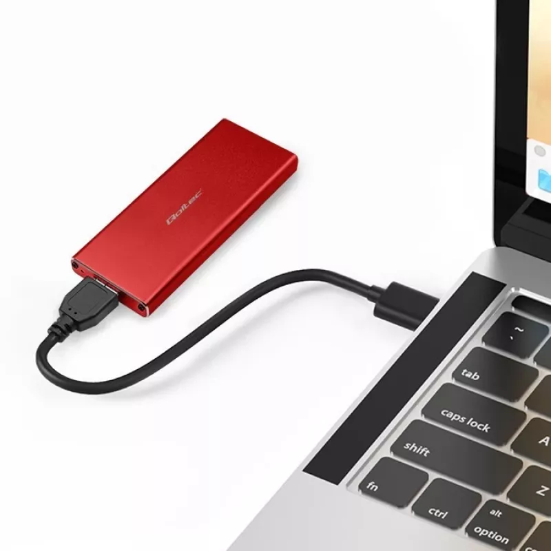 QOLTEC 51831 išorinis SSD dėklas M.2 SATA diskams, USB 3.0, raudonas, iki 2 TB, 30 mm, 4 diskai