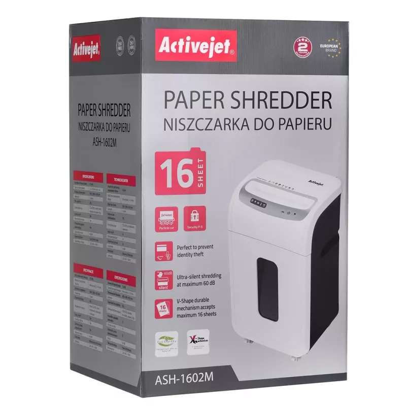 Popieriaus smulkintuvas Activejet ASH-1602M, P-5, 28 l, 2×14 mm, baltas