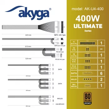 Akyga AK-U4-400 Ultimate 400 W ATX maitinimo blokas, 80 PLUS Bronze, aktyvusis PFC, 120 mm ventiliatorius