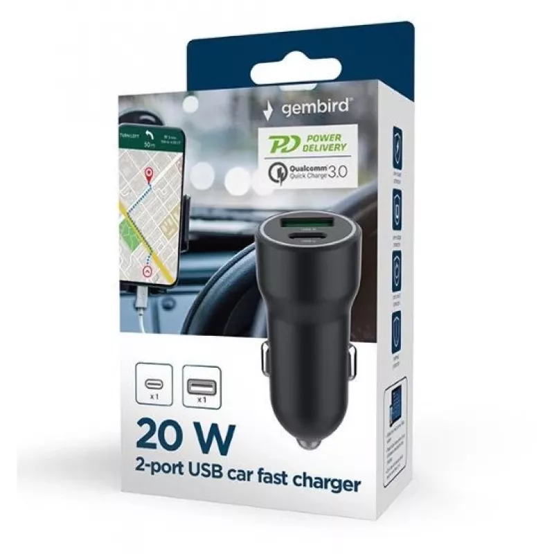 Gembird automobilinis maitinimo adapteris su USB-A ir USB-C PD – 20 W