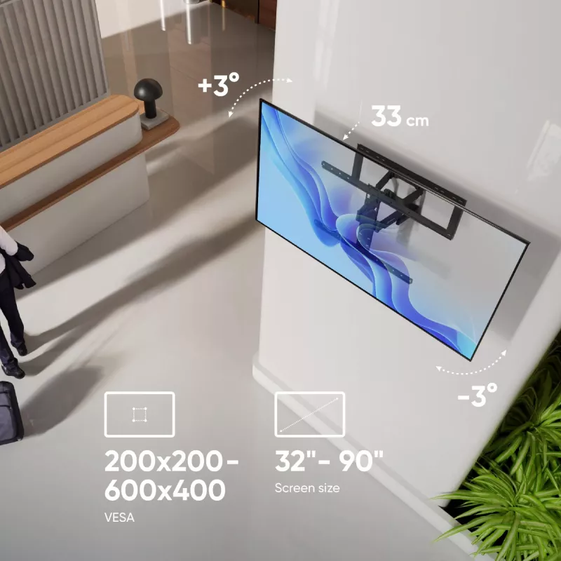 ONKRON SM6-B TV grindinis stovas 32–90 colių ekranams, 50 kg, VESA 200x200–600x400, pakreipimas -10–5°, pasukimas 40°
