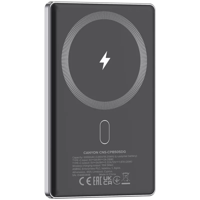 Canyon OnPower 505 – Powerbank 5000 mAh, USB-C PD 20W, belaidis įkrovimas su magnetu