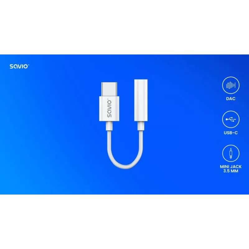 USB Type-C (M) – Jack 3,5 mm (M) garso adapteris baltas SAVIO AK-51