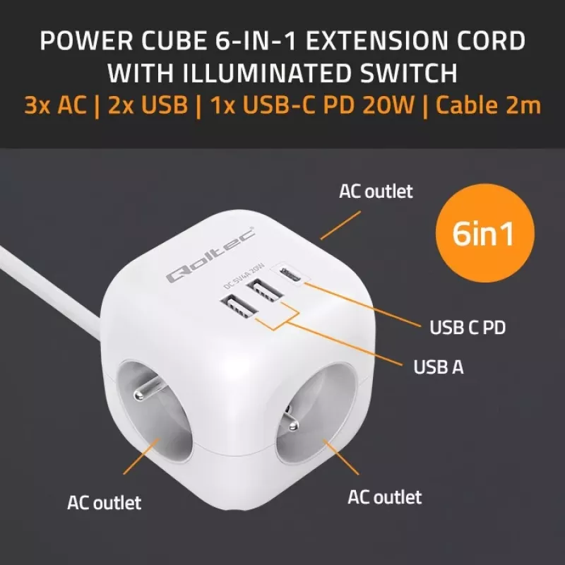 Power Cube QOLTEC 52547 ilgintuvas 3×AC lizdai, 2×USB-A, 1×USB-C PD 20W
