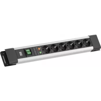 Power strip Bachmann CONNECTUS su 6x CEE7/3 lizdais, 1x SPD apsauga nuo viršįtampių, 1x jungikliu, 2,0 m laidu, CEE7/7 kištuku, pilka