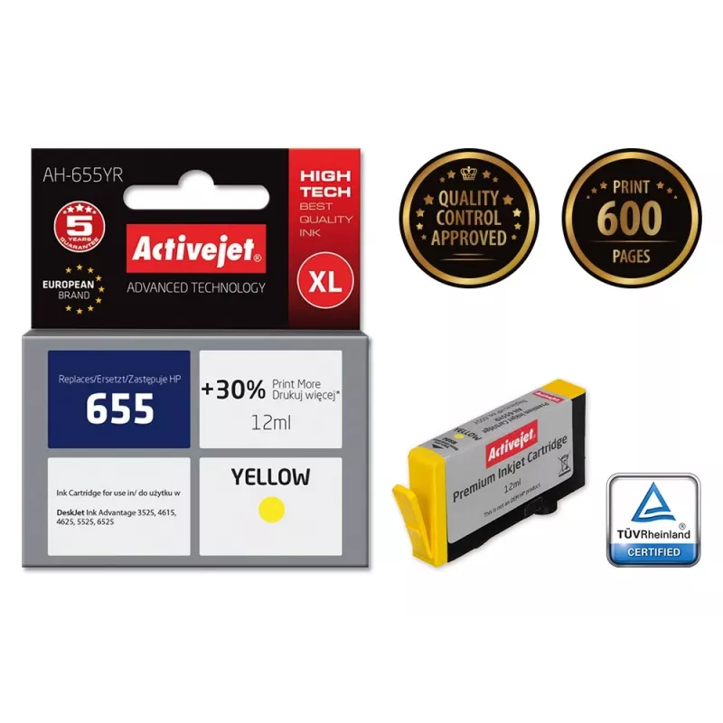 Activejet AH-655YR rašalas (pakeičia HP 655 CZ112AE; Premium; 12 ml; geltona)