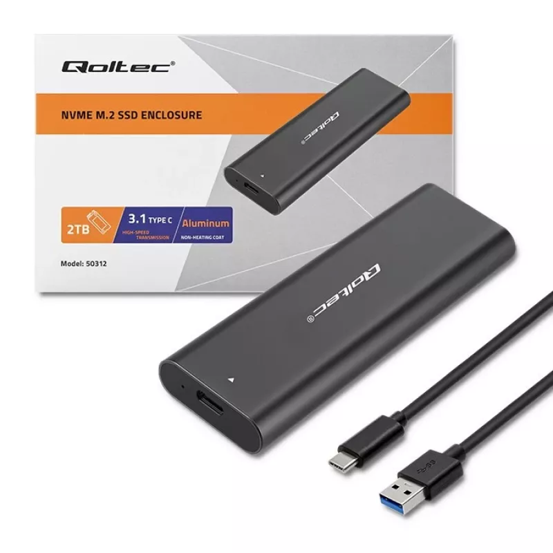 Qoltec 50312 M.2 NVMe SSD dėžutė, USB Type-C, juodos spalvos