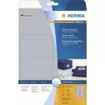 HERMA Special – nuolatiniai lipnūs blizgaus poliesterio plėvelės lipdukai – Sidabriniai – 99,1 x 67,7 mm – 200 vnt. (25 lapai x 8) (4114)