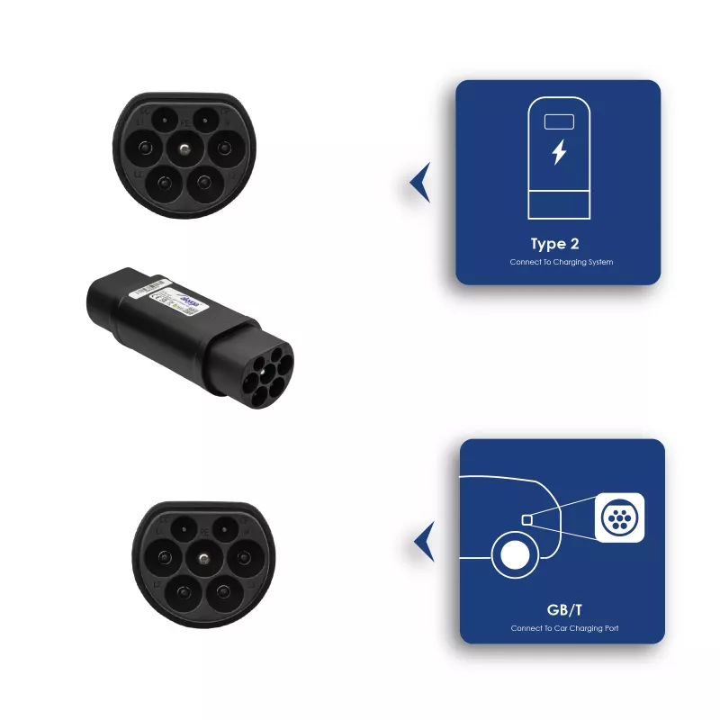 Akyga AK-SC-E21 elektromobilio įkrovimo adapteris Type 2 – GB/T, trifazis, 32 A, 22 kW, IP55, juodas