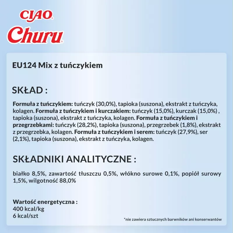 Šlapi katinų skanėstai INABA Churu Variety Box – Tunas, 20 x 14 g, pasta, drėgnumas 88%, baltymai 8,5%