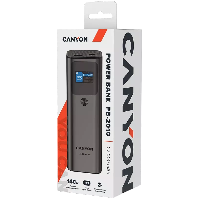 Canyon PB-2010 Powerbankas - Li-Pol - 27 000 mAh - Skaitmeninis Ekranas - 2xUSB-C + 1xUSB-A - 140W